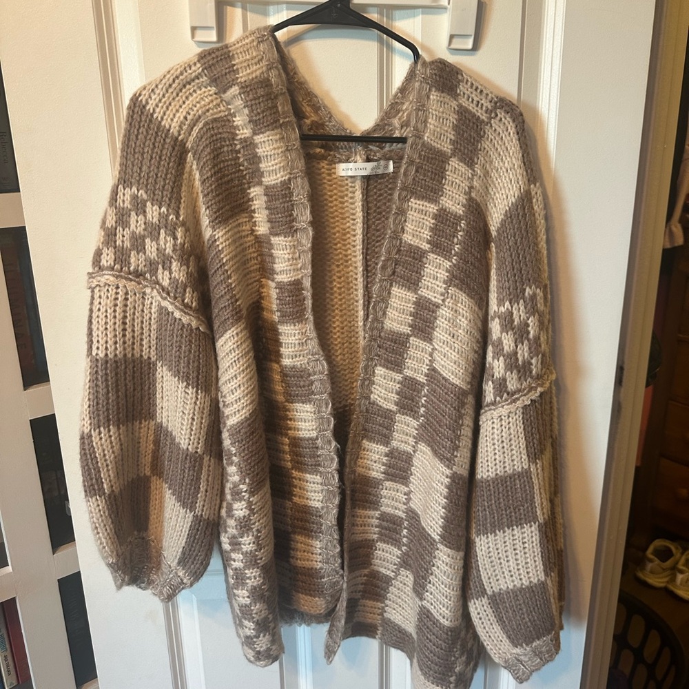 Altar'd State Brown and Cream Geometric Knit Cardigan